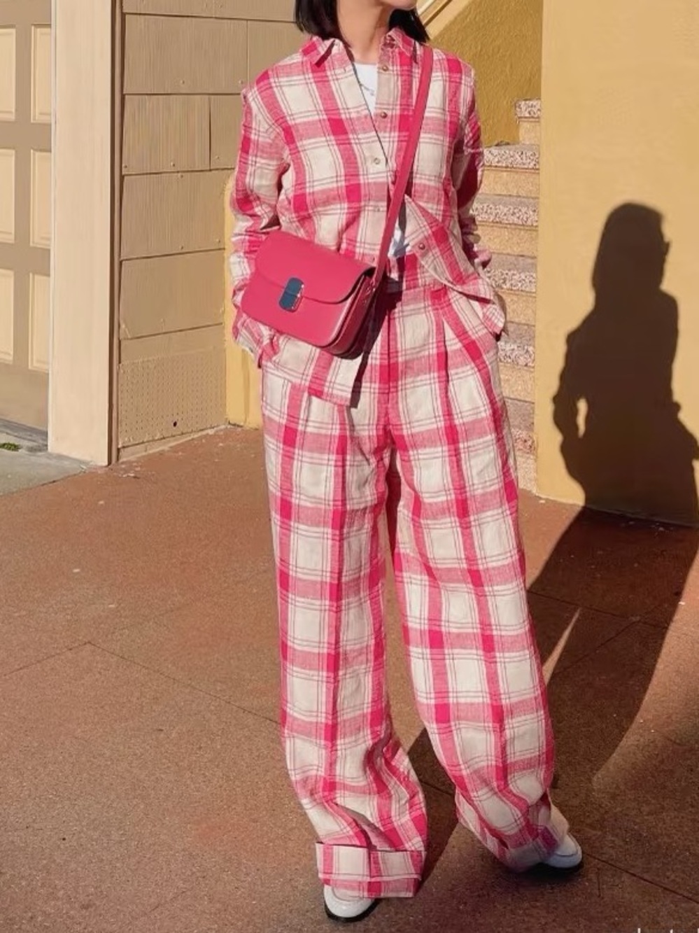 Sezane Set Tomboy Linen Blend Plaid Shirt and Trouser Set size 6/FR38